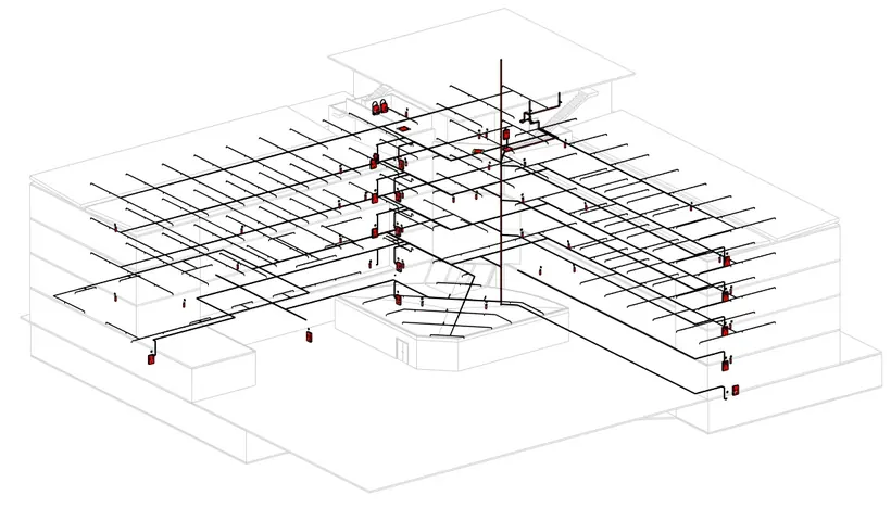 Projeto de rede de incêndio modelado em 3D